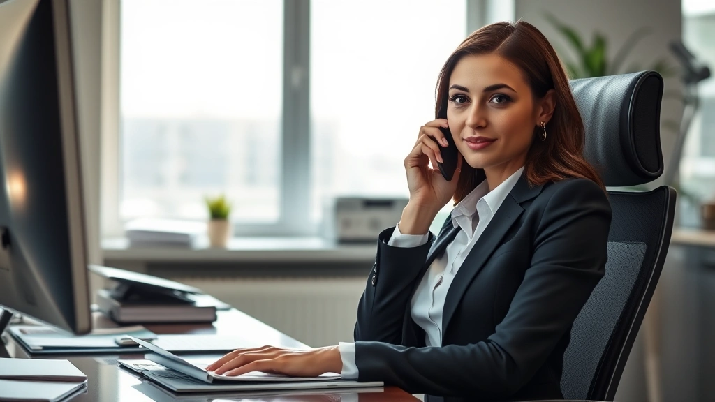 Professional woman in business attire sitting at desk making phone call with calm, serious expression, office background with computer and documents visible, morning lighting through window, realistic photography