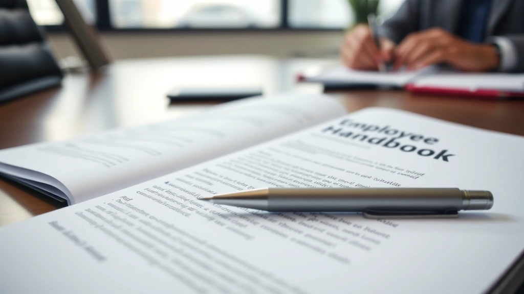 Close-up of employee handbook or policy document open on desk with pen, showing text about attendance and absence policies, professional office setting, natural lighting, no visible text readable