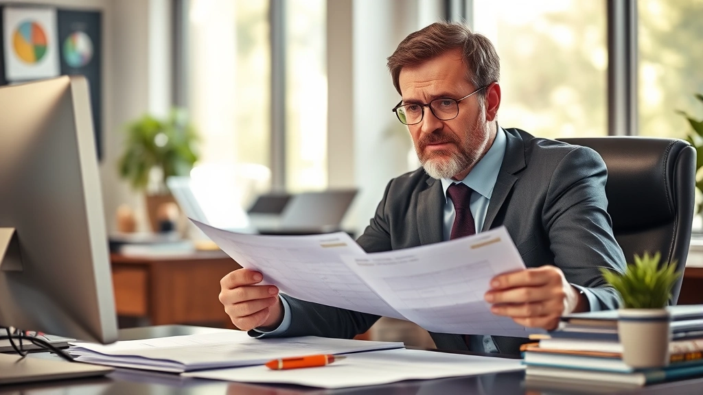 Male supervisor or manager at desk reviewing calendar or schedule with thoughtful expression, papers and computer visible, professional business environment, afternoon natural lighting, realistic workplace scene