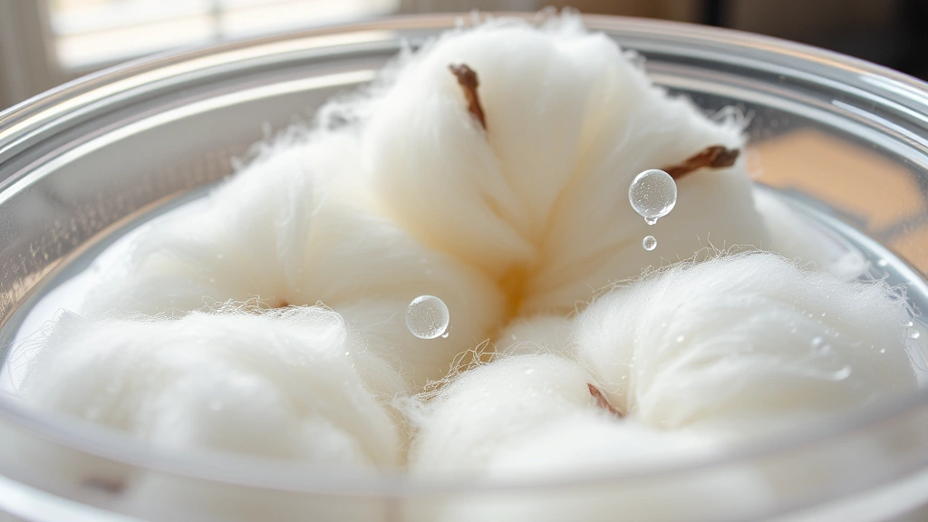 Close-up of cotton wick material absorbing water in clear plastic container, water droplets visible on fibers, natural lighting, home interior setting