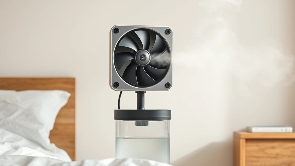 Completed evaporative humidifier with small fan mounted on wooden frame, water container below, operating in bedroom, visible mist effect in air