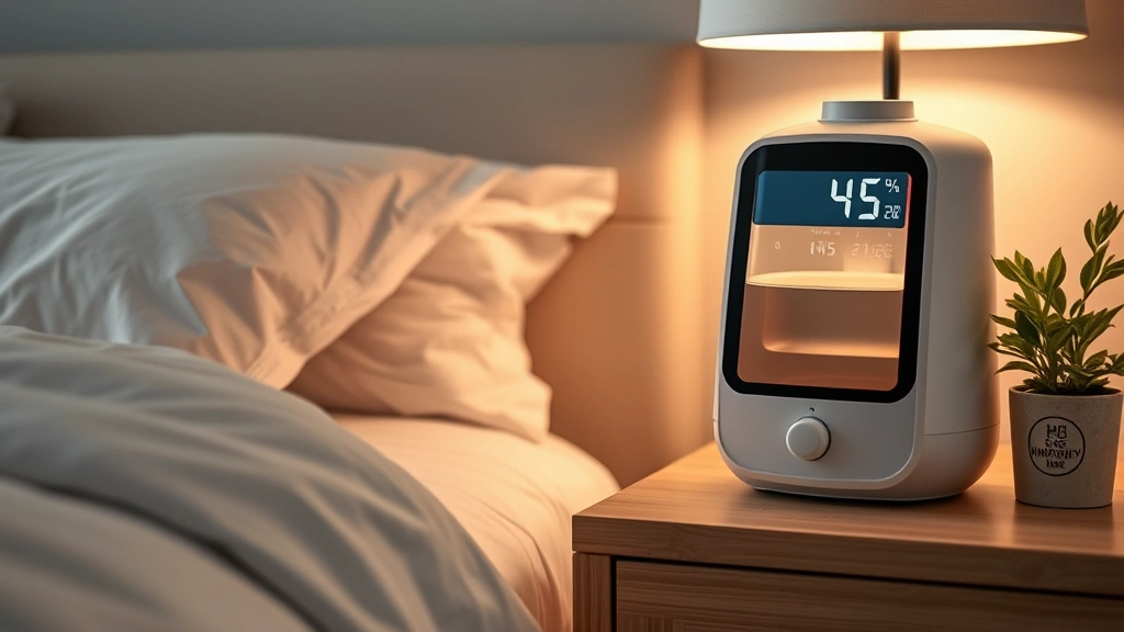 Digital humidity meter displaying 45% relative humidity reading on nightstand next to operating humidifier, soft bedroom lighting, comfortable home environment