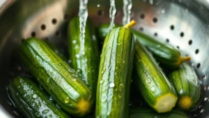 Close-up of fresh pickling cucumbers being washed in stainless steel colander under running water, water droplets visible on cucumber skin, natural daylight