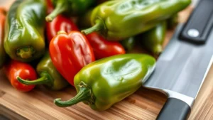 Close-up of fresh green and red jalapeno peppers arranged on a wooden cutting board with a sharp knife nearby, showing natural texture and vibrant colors in natural lighting