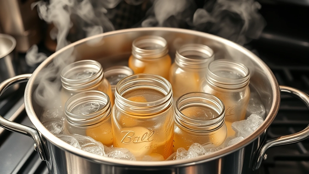 Wide-angle view of a stainless steel water bath canning pot with multiple sealed mason jars submerged in boiling water on a stovetop, showing the jar rack and steam rising