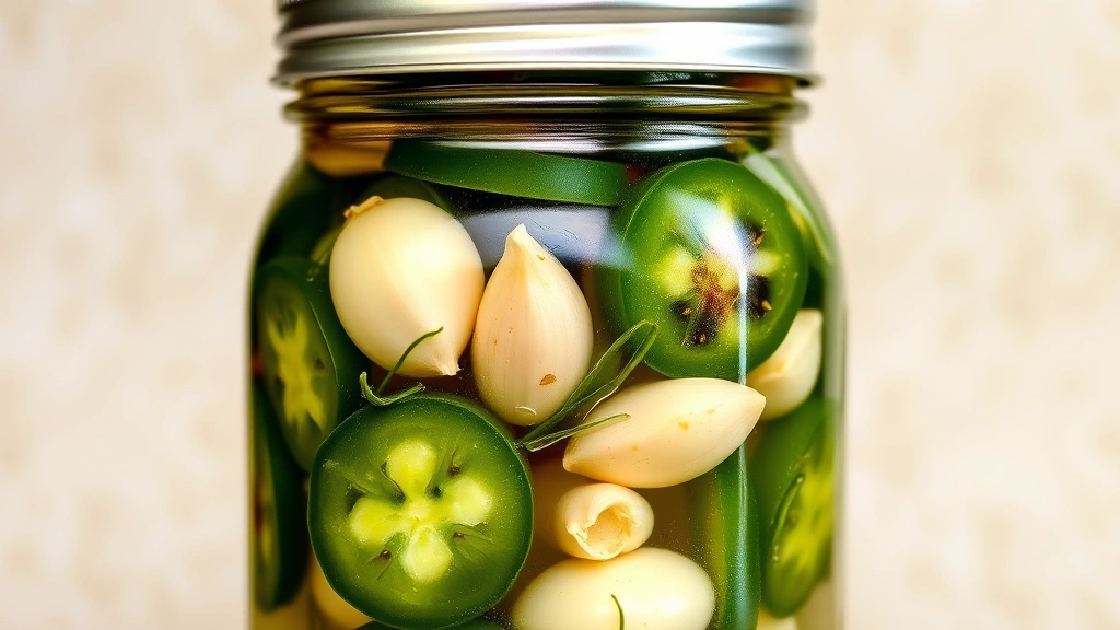 Detailed shot of a mason jar filled with sliced jalapenos, garlic cloves, and herbs suspended in clear pickling brine, with the metal lid and band visible on top, photographed against a neutral background