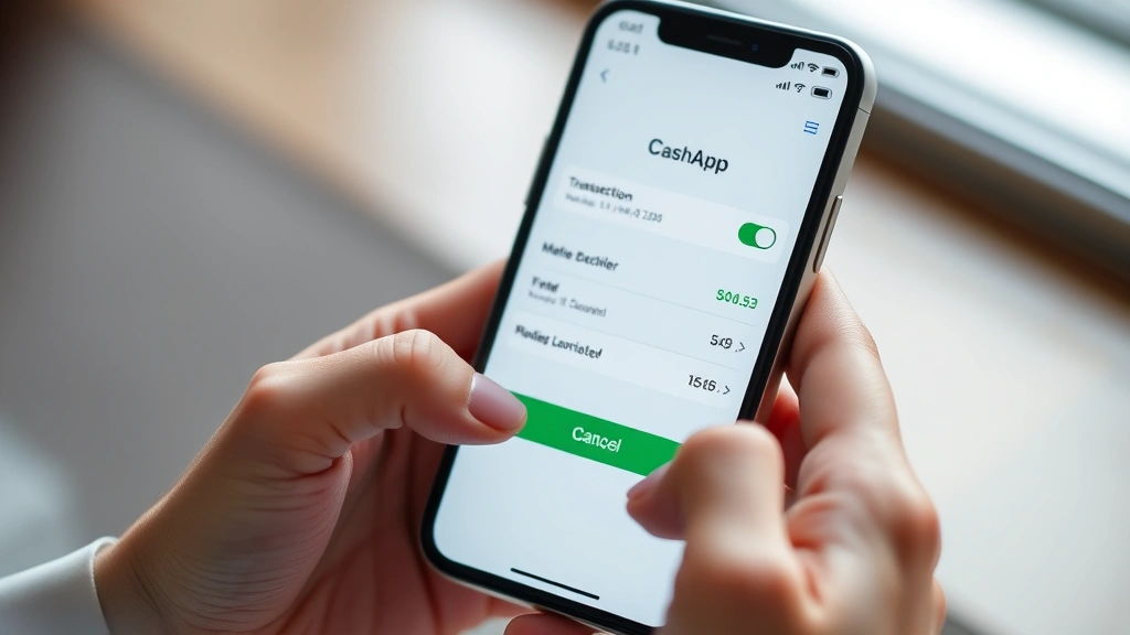 Close-up of hands holding smartphone displaying CashApp payment interface with transaction details and cancel button visible, modern minimalist app design, soft lighting