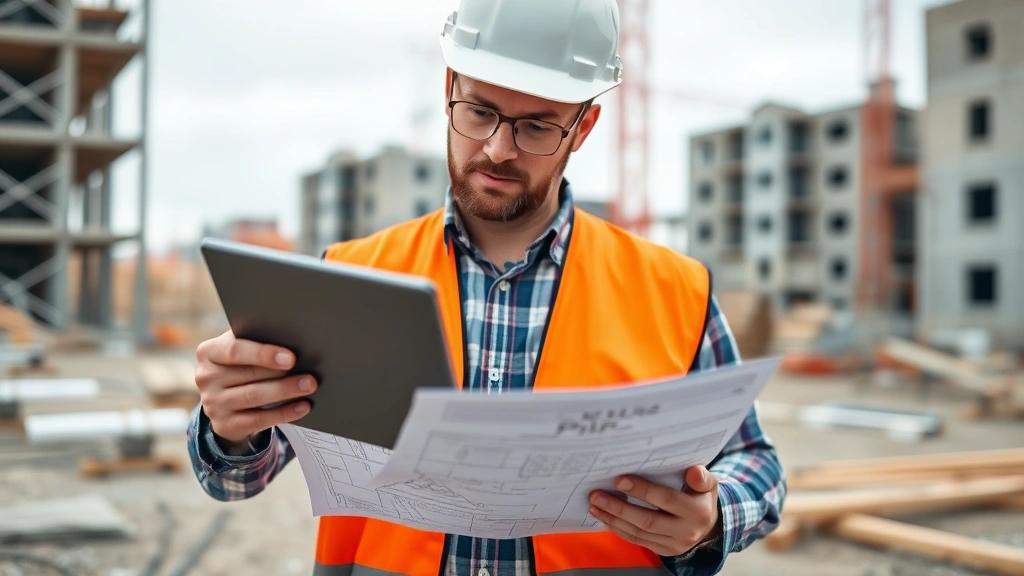 Professional construction worker reviewing blueprints and payment documentation on tablet device at job site, showing attention to financial details during project work