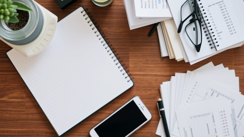 Overhead view of organized workspace with smartphone, notebook, and financial records spread out, representing organized approach to tracking transactions and payments