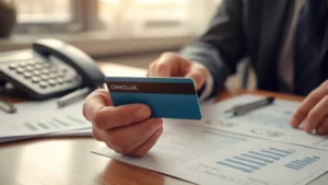 Close-up of hands holding a credit card over a desk with a phone and financial documents, warm office lighting, professional setting, person about to make a cancellation call