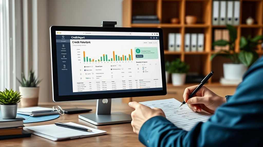 Split-screen showing a computer screen displaying a credit report dashboard on one side and a hand writing notes on paper on the other, organized financial workspace