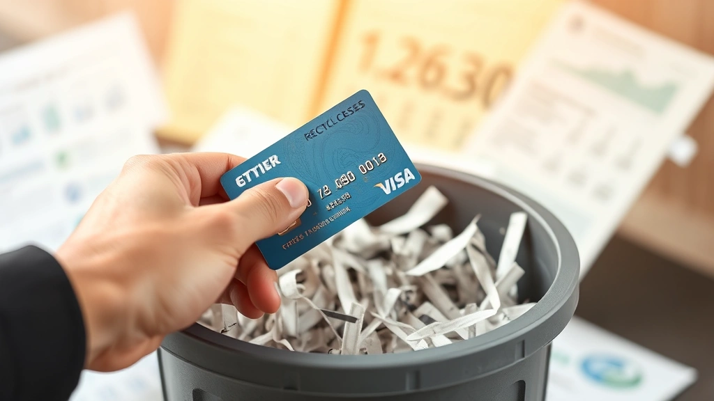 Hands shredding a credit card into a recycled bin with financial documents visible in the background, symbolic of account closure and financial cleanup