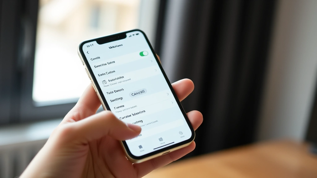Close-up of hands holding smartphone showing subscription settings menu with cancel button visible on screen, modern minimalist design, natural lighting from window
