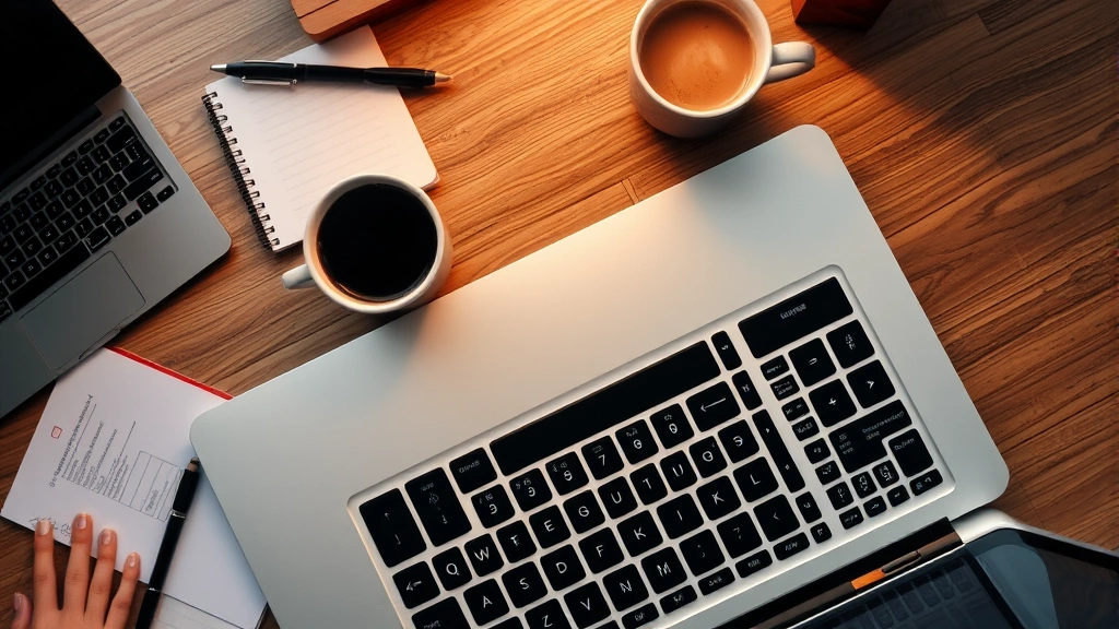 Overhead view of laptop keyboard with cursor hovering over account settings option, professional workspace with notepad and coffee cup, warm desk lighting