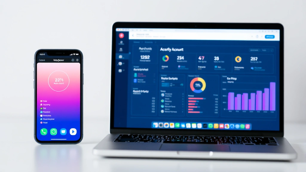 Split-screen composition showing mobile phone on left and laptop on right, both displaying account management dashboards, neutral background, modern technology setup
