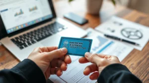 Close-up photograph of hands holding an American Express credit card over a wooden desk with a laptop and financial documents visible in soft natural lighting
