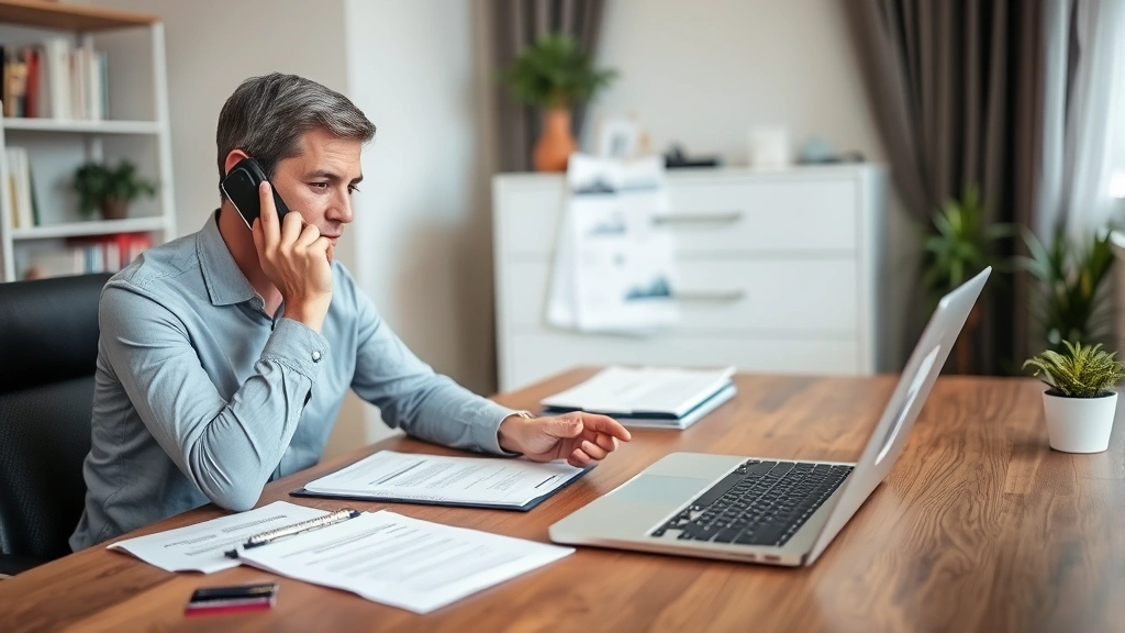 Professional photo of a person on a phone call at a home office desk with an open laptop, papers, and a credit card visible, showing customer service interaction
