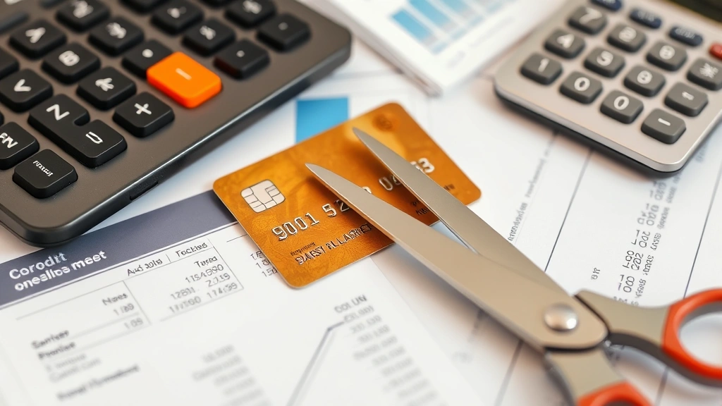 Detailed image of a credit card being cut with scissors on a desk surface with financial statements and a calculator nearby, demonstrating account closure