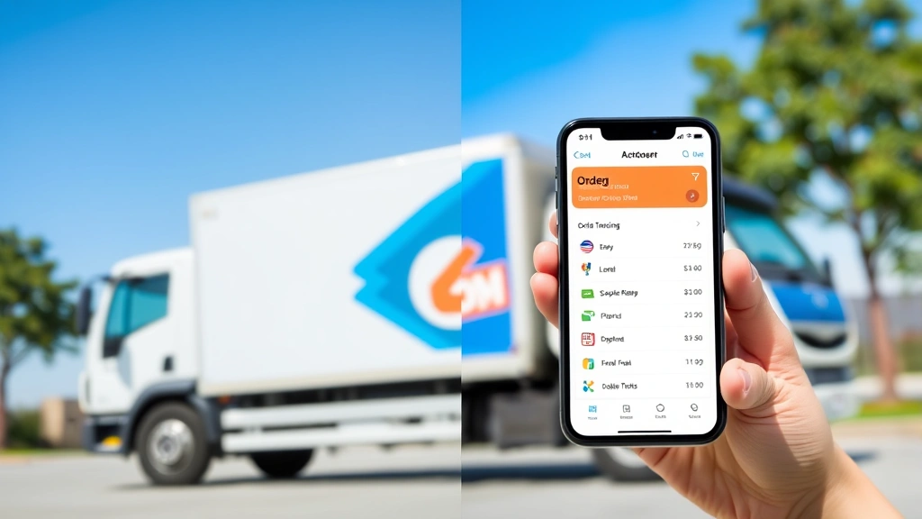 Split-screen view showing a smartphone displaying an order tracking page on one side and a delivery truck in the background on the other, outdoor setting, bright daylight, modern mobile interface visible