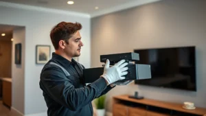 Professional technician removing cable box and modem equipment from residential wall mount in modern living room, holding equipment carefully with white gloves