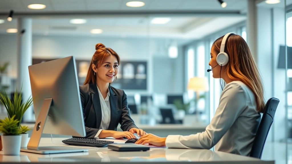 Customer service representative at desk with computer and phone, assisting caller about service cancellation, professional office environment, warm lighting