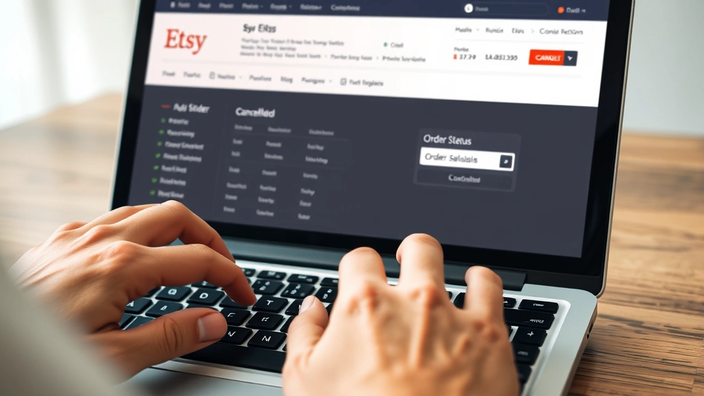 Close-up of hands typing on laptop keyboard with Etsy website displayed on screen, showing order management dashboard with order status and cancellation button visible