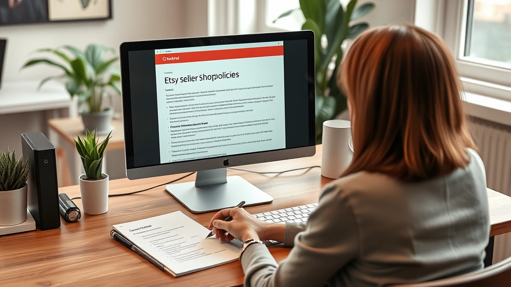Person sitting at desk reviewing Etsy seller shop policies document on computer monitor, with notepad containing checklist items, professional home office setting