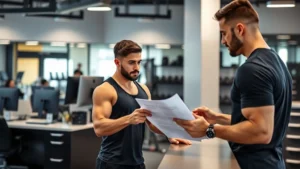 Professional fitness trainer reviewing membership contract documents at modern gym reception desk with computers and filing cabinets in background