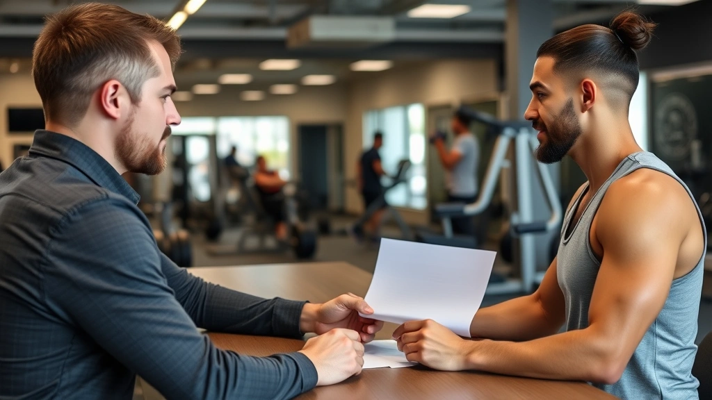 Gym manager having professional conversation with member at front desk during business hours, showing friendly cancellation process with paperwork