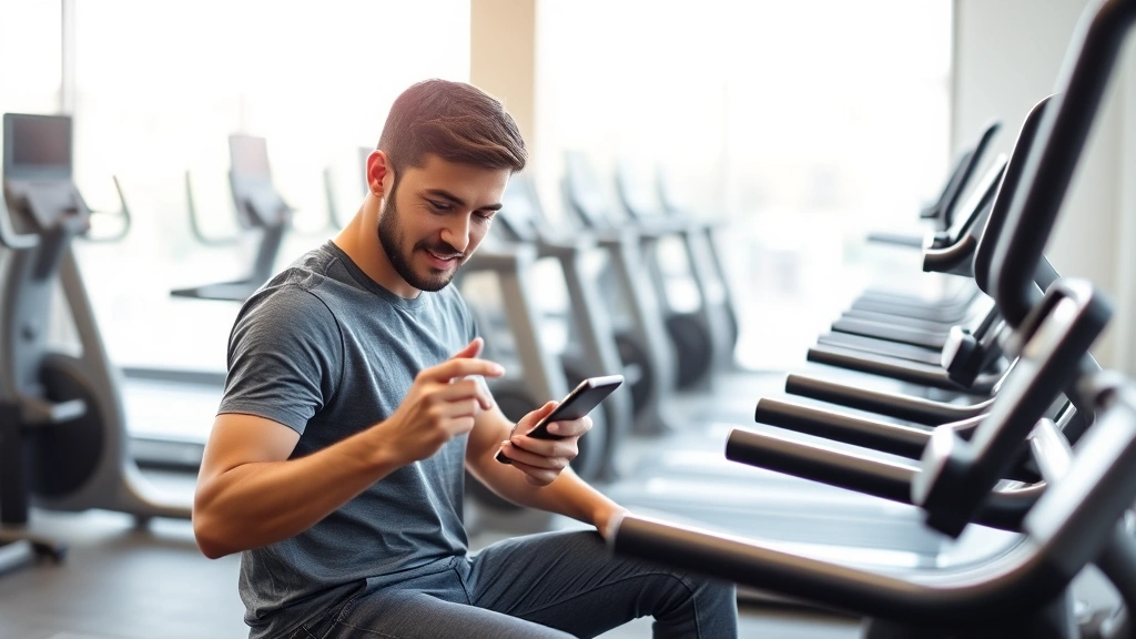 Person checking mobile phone for billing statements and payment confirmations while sitting on modern gym equipment in fitness facility