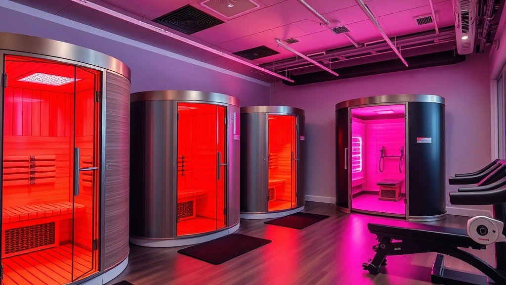 Professional fitness studio interior with infrared sauna pods and red light therapy chambers, modern gym equipment visible, clean modern aesthetic, no people, bright interior lighting, professional photography