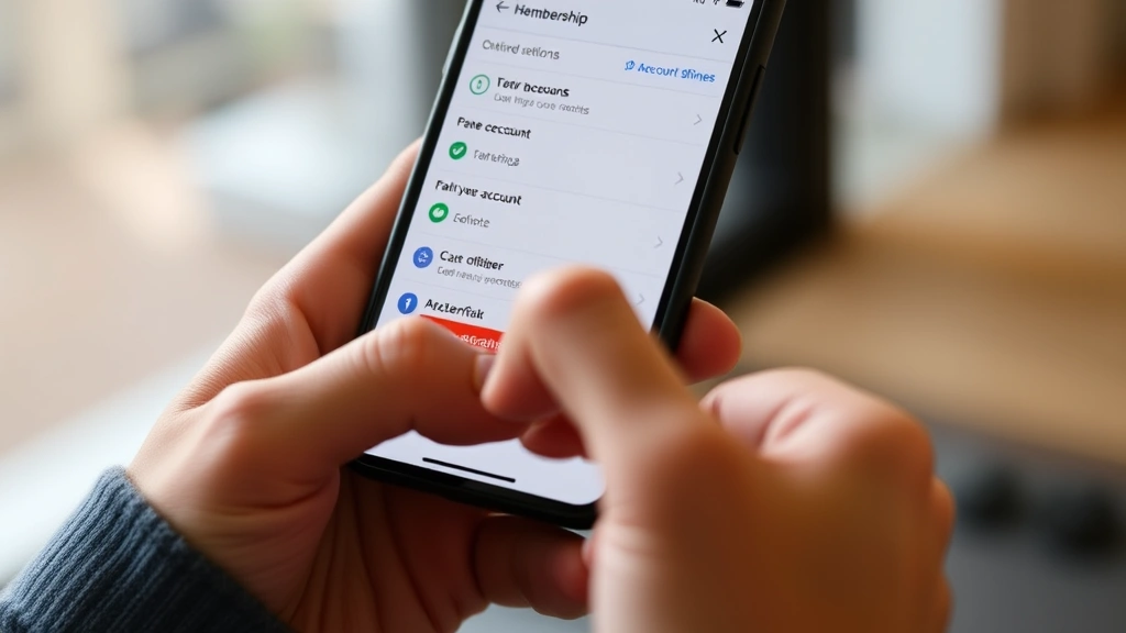 Close-up of person's hands holding smartphone displaying mobile app membership dashboard with account settings and cancellation options visible on screen, modern phone interface, indoor lighting