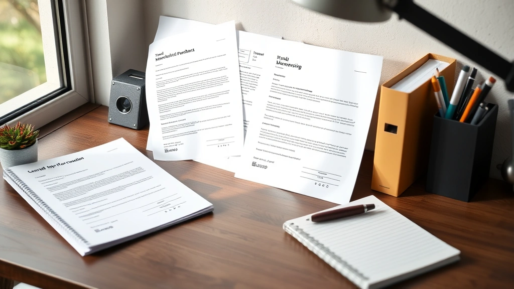 Organized desk workspace with printed membership documents, confirmation letters, pen, and notebook for tracking cancellation process, neutral background, natural lighting, documentation setup