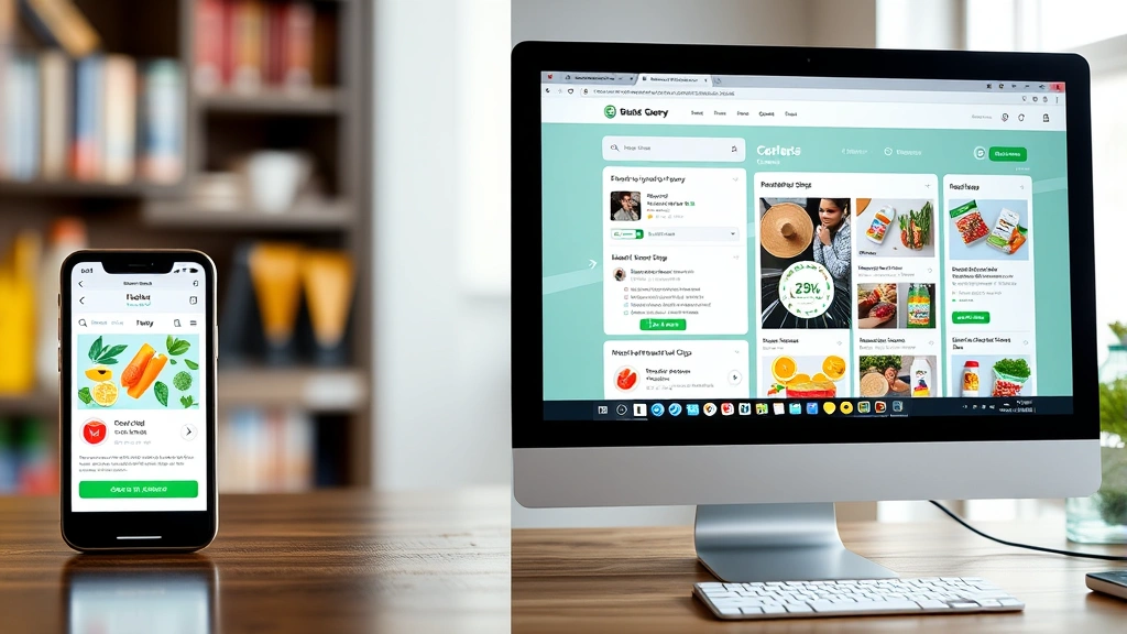 Split-screen comparison showing a smartphone on the left and a desktop computer on the right, both displaying grocery delivery app interfaces side by side
