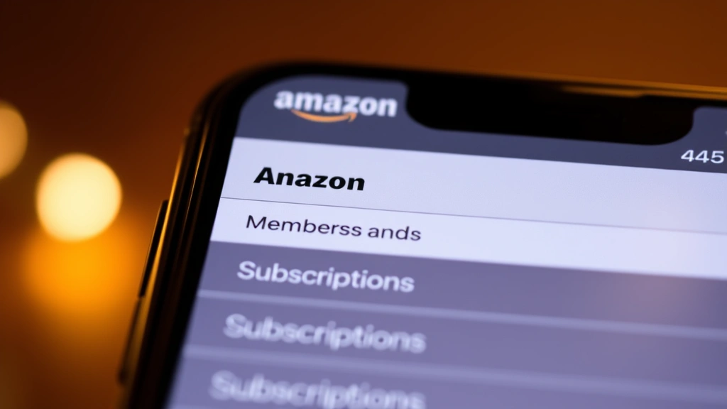 Close-up of smartphone screen showing Amazon account menu with Memberships and Subscriptions option highlighted, warm lighting, modern phone interface