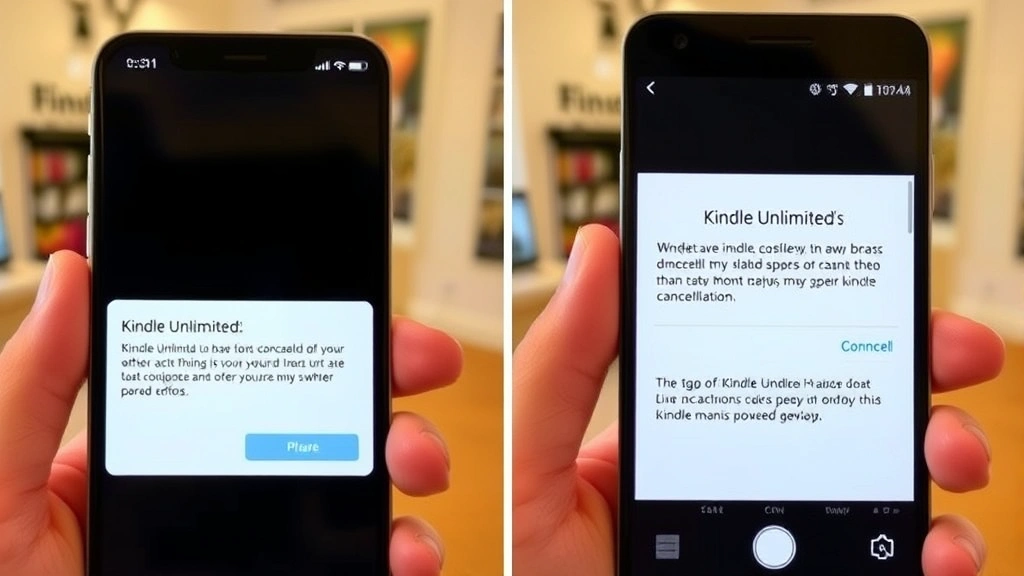 Split-screen comparison of iPhone and Android phone screens both showing Kindle Unlimited cancellation confirmation dialog, side-by-side view, bright indoor lighting
