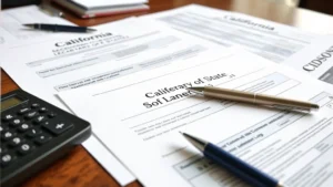 Close-up of California Secretary of State official documents and filing forms spread on a wooden desk with a pen and calculator, professional office setting, natural lighting