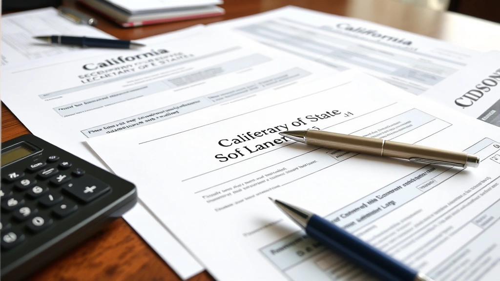 Close-up of California Secretary of State official documents and filing forms spread on a wooden desk with a pen and calculator, professional office setting, natural lighting