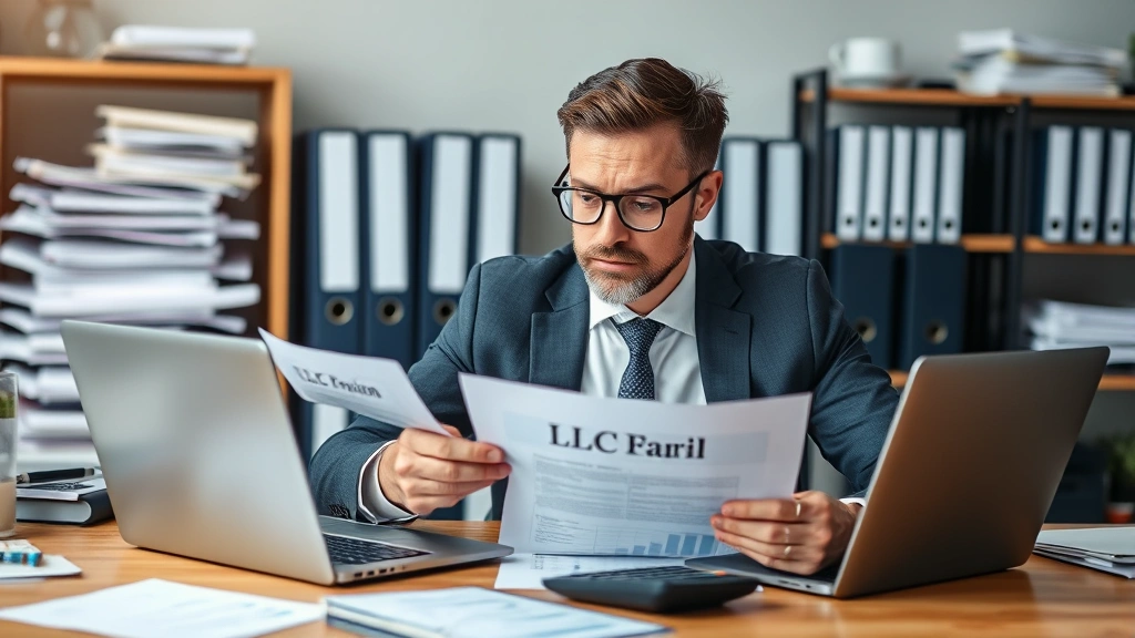Professional businessman reviewing LLC dissolution paperwork and financial records at a desk with a laptop, calculator, and organized files in background, focused expression