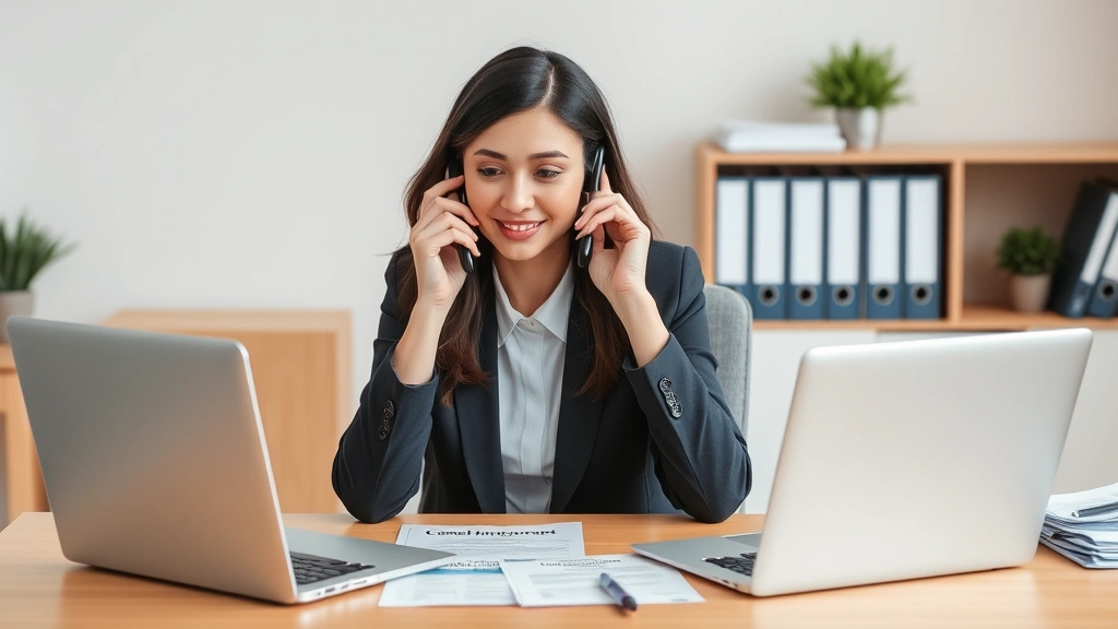 Professional woman in business attire sitting at a desk with a laptop, phone, and medical insurance paperwork, making a phone call to cancel Medicaid with focused expression