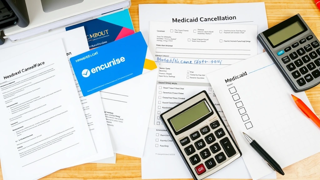Organized desk setup showing multiple healthcare documents, insurance cards, a calculator, and a checklist with checkmarks, illustrating preparation for Medicaid cancellation process
