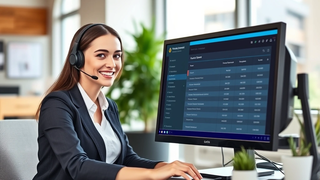 Customer service representative at desk with headset, computer monitor showing order management system, professional business environment, natural daylight