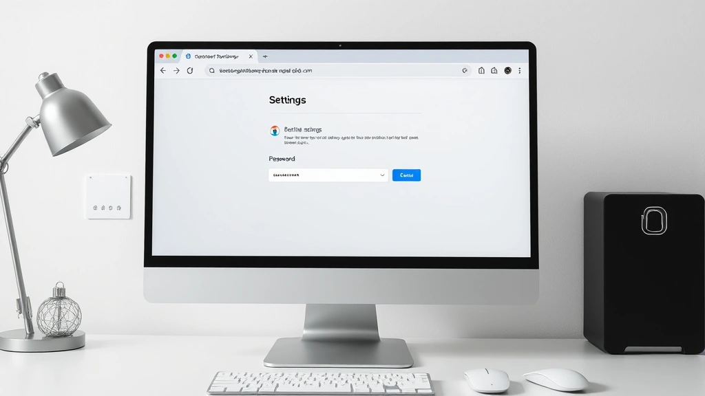 Desktop computer screen showing account settings page with security icons and password field, minimalist modern workspace background