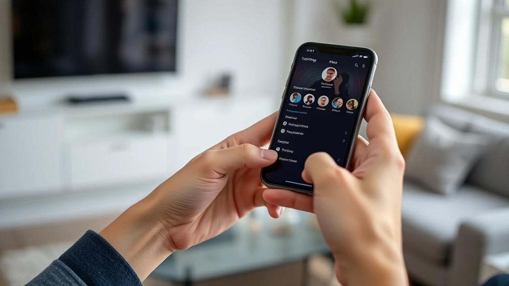 Close-up of hands holding smartphone displaying streaming app menu interface with profile settings visible on screen, modern living room background blurred
