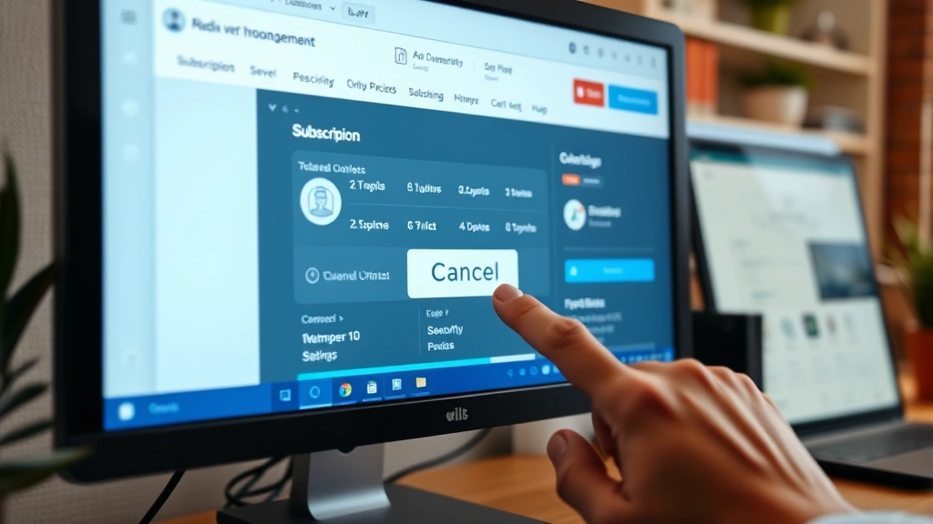 Person clicking mouse on computer monitor displaying subscription management dashboard with cancel button highlighted, home office environment