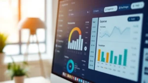 Close-up of a computer monitor displaying a financial management dashboard with charts and expense categories, modern minimalist design, professional office setting