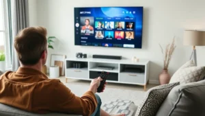 Person sitting on couch holding remote control, streaming service interface visible on television screen in modern living room with neutral decor, natural lighting through window
