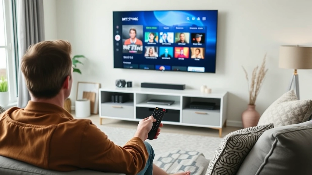 Person sitting on couch holding remote control, streaming service interface visible on television screen in modern living room with neutral decor, natural lighting through window