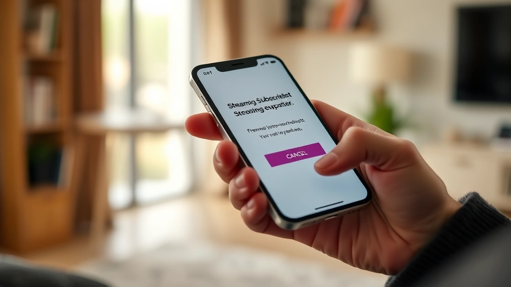 Close-up of a person's hands holding a smartphone displaying a streaming app subscription management screen with cancel button visible, realistic lighting, home interior background
