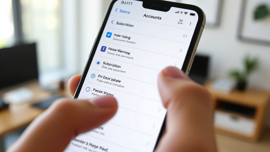 Close-up of smartphone displaying account settings menu with subscription management options, hand pointing at screen, clean minimalist home office background